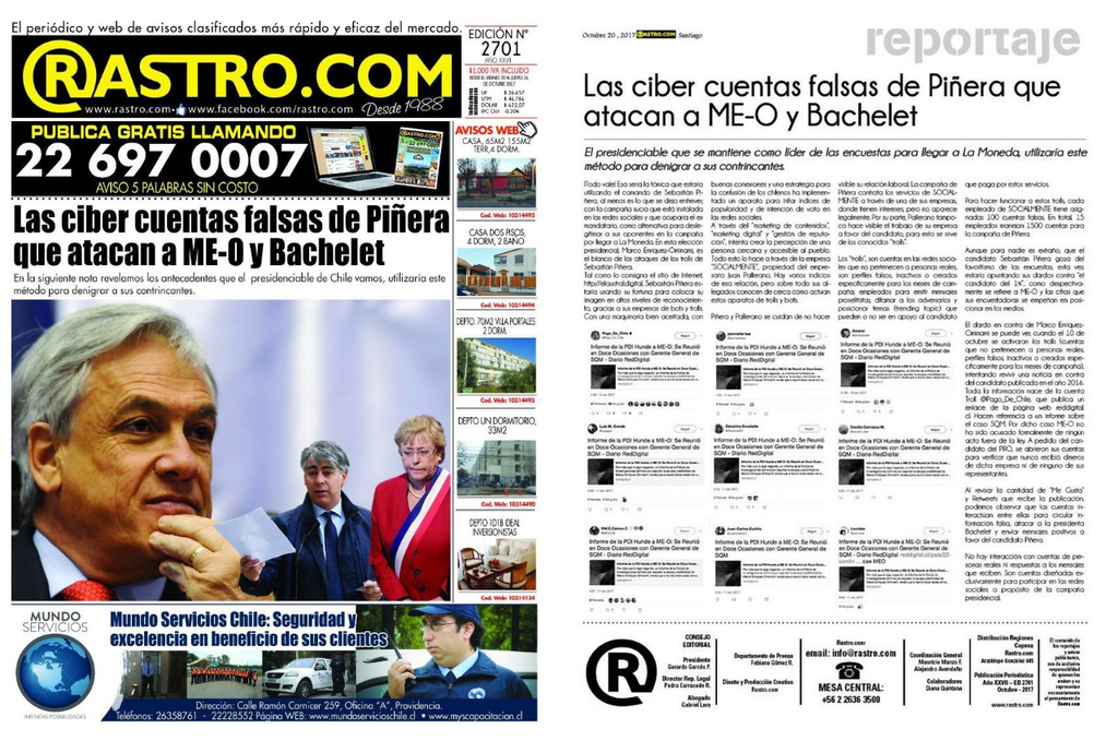 Doble página de Rastro.com (20 oct 2017) que titula sobre cuentas falsas en Twitter atribuidas a la campaña de Piñera.