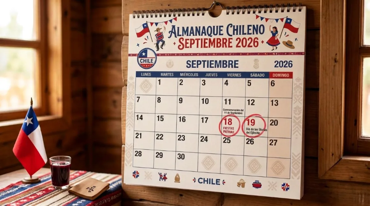 Almanaque septiembre 2026 Chile: Fiestas Patrias Almanaque de septiembre 2026 en Chile, con el 18 de Fiestas Patrias y el 19 de Glorias del Ejército marcados.