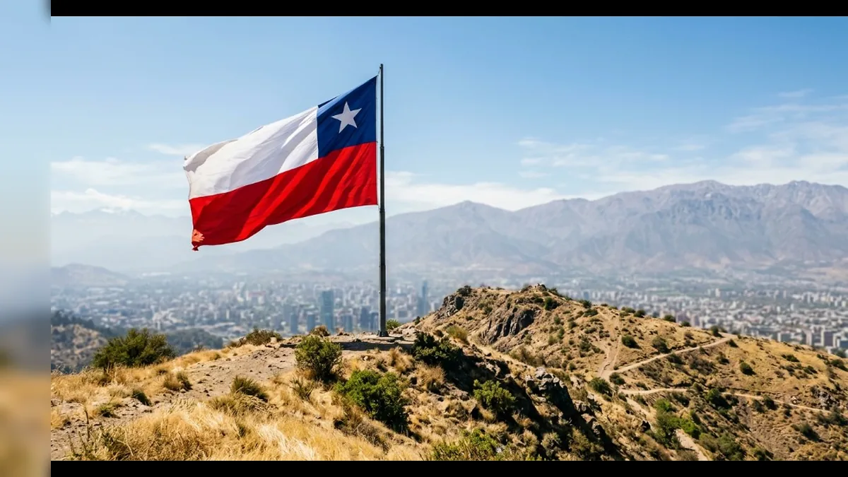 Bandera de Chile en un cerro Bandera de Chile en un cerro seco, con la ciudad y la cordillera al fondo