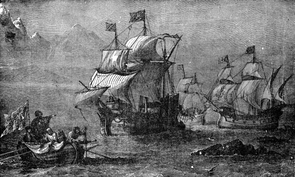 Grabado del siglo XIX sobre la llegada de Magallanes al Estrecho, a partir de un cuadro de Oswald Walters Brierly.