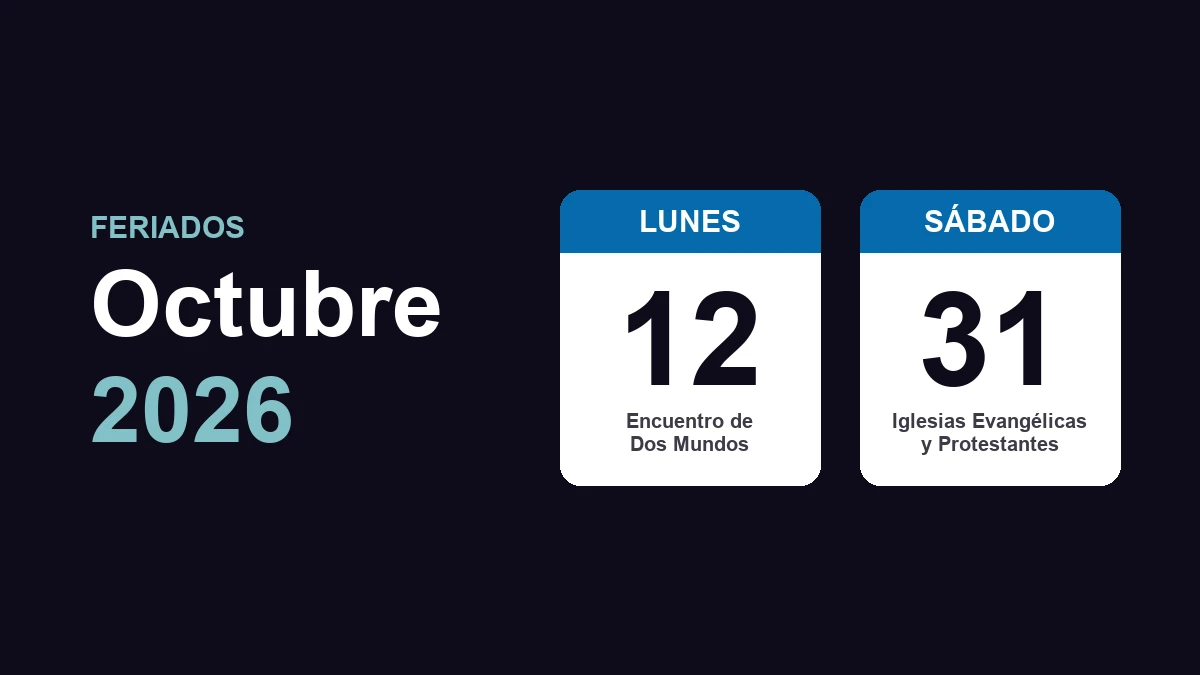 Feriados de octubre 2026: lunes 12 y sábado 31 Feriados de octubre de 2026 en Chile: lunes 12, Encuentro de Dos Mundos, y sábado 31, Día de las Iglesias Evangélicas y Protestantes