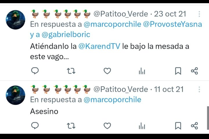 Dos respuestas de @Patitoo_Verde a Enríquez-Ominami en octubre de 2021: una lo llama vago y la otra, asesino.