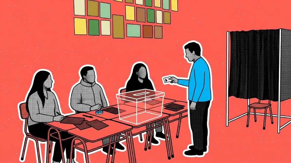 Vocales de mesa en una eleccin en Chile Vocales de mesa en una elección en Chile, con la urna y la cabina de votación