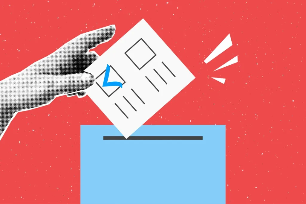 Voto en urna, calendario electoral Chile 2026-2030 Mano depositando un voto en una urna. Calendario electoral de Chile 2026-2030.