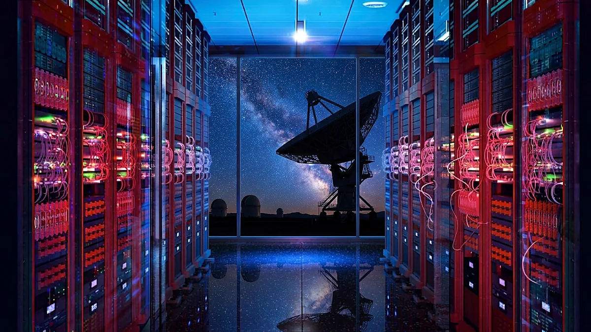 Supercomputadoras en Chile Pasillo de racks de servidores iluminados, con un radiotelescopio y la Vía Láctea al fondo